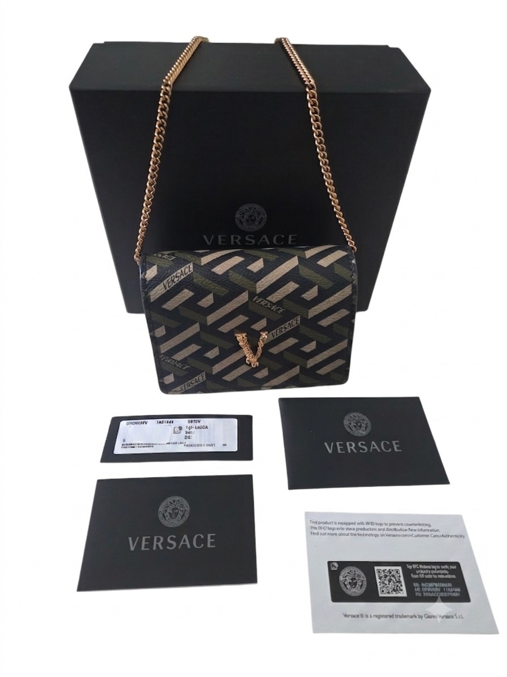 Versace V-Emblem Monogram Chain Crossbody Bag in Black & Gold